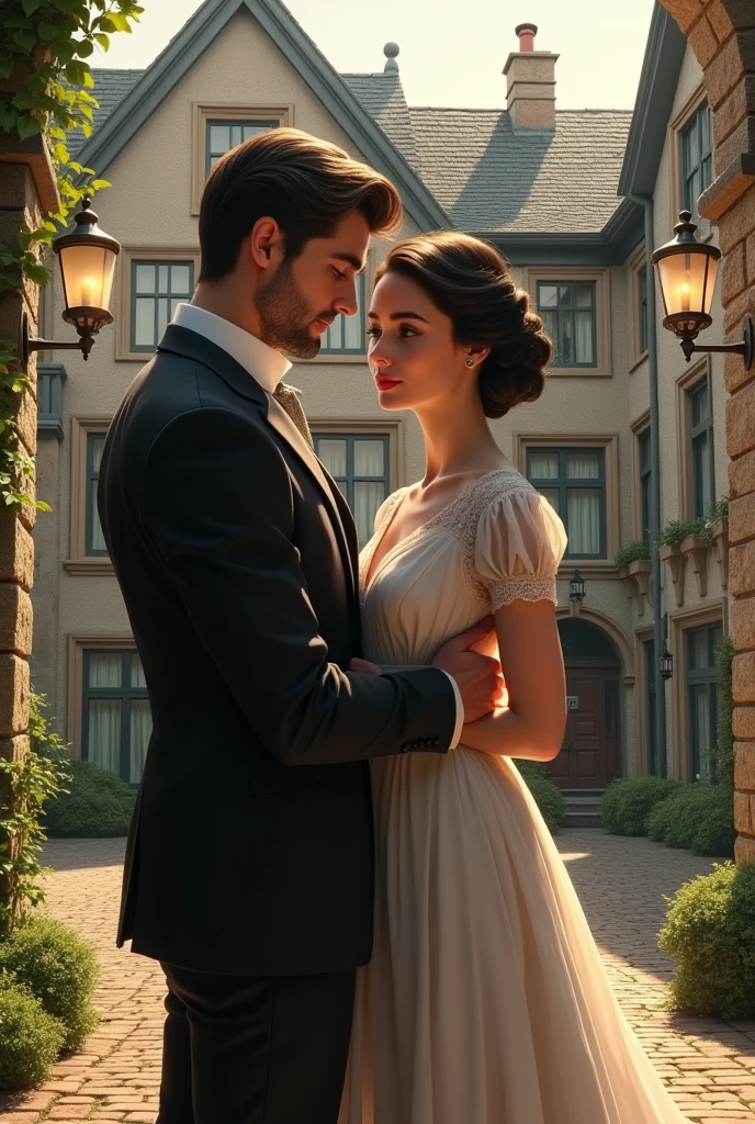 A couple with a woman in elegant clothes, black hair Chanel and the man with elegant clothes and short hair, a rustic bridgerton style hotel