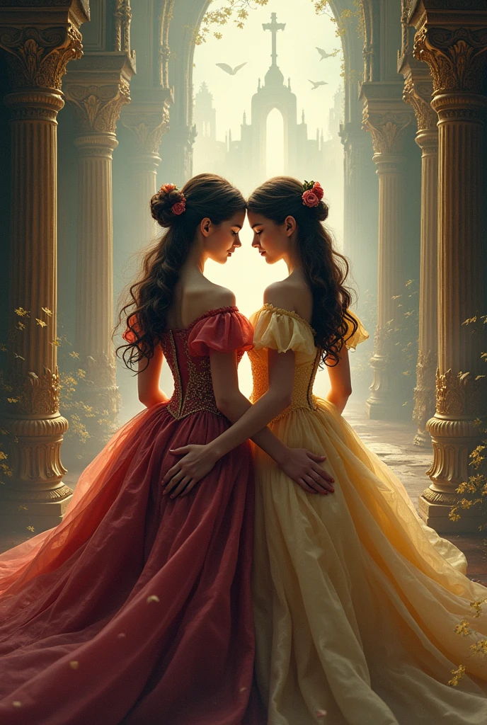 book cover about two bestfriond whom is transfered suddenly into a whole historical world with her bestie make it no face but with historical dress .. make it more fantacy look two girl