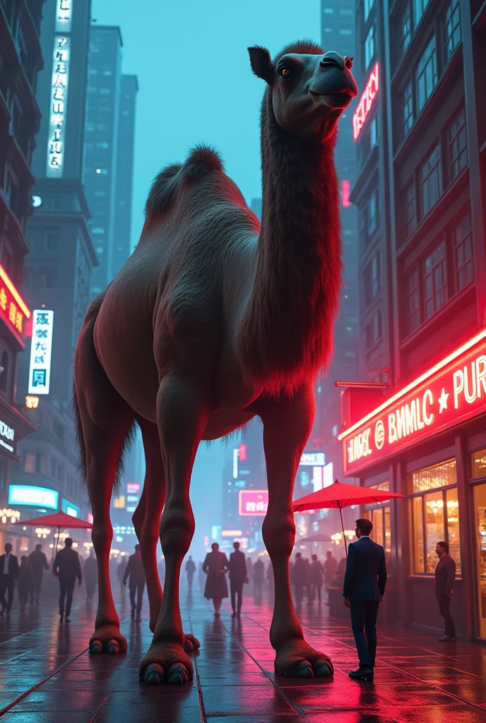 A giant camel standing opposite to pub wearing corporate costume in neon city in red and blue light
