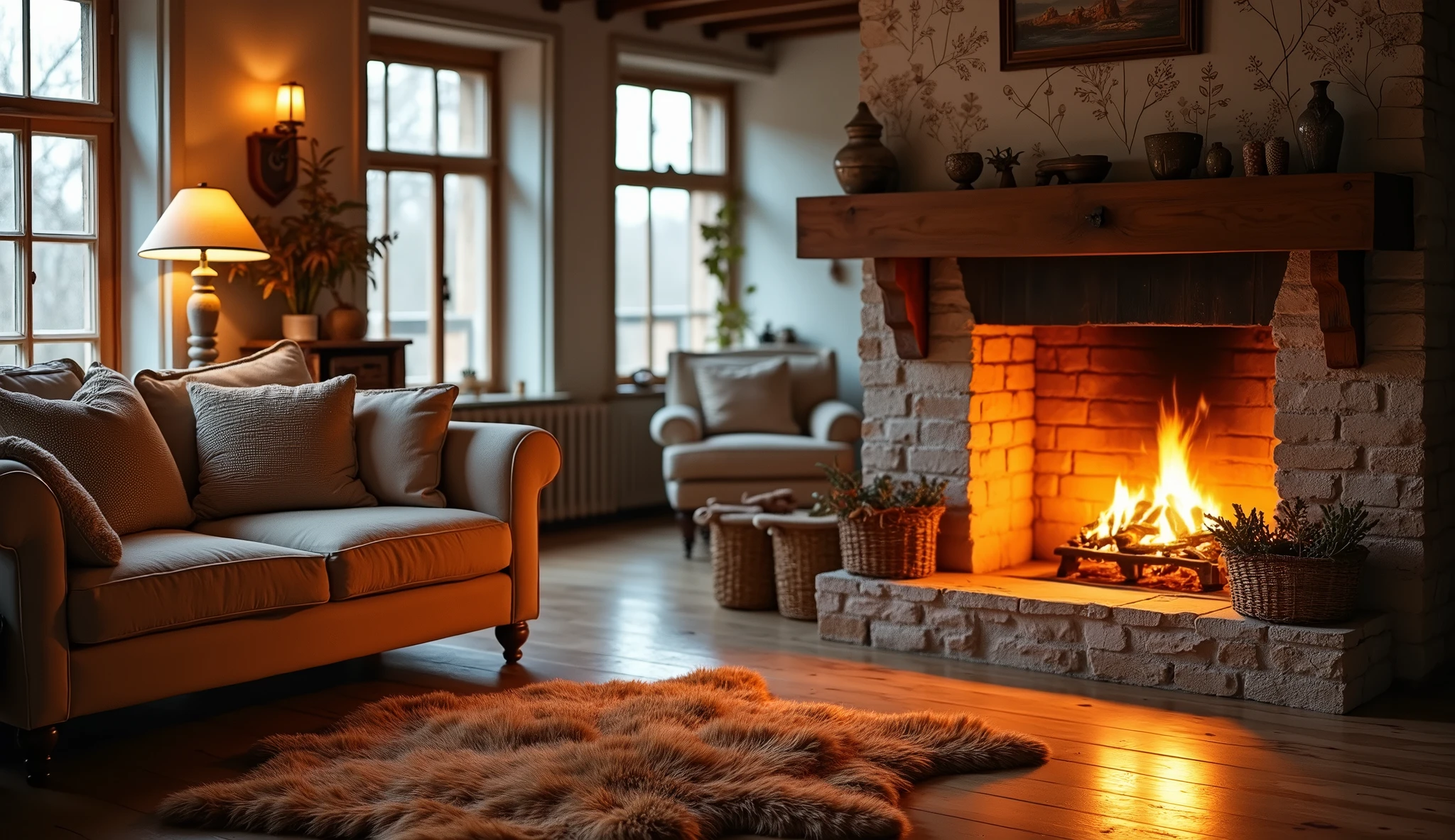 a bright living room with a fireplace and a sofa, Brown bear fur on the ground, cozy home background, detailed lighting and textures, cozy living room background, cozy place, Cozy wallpaper, cozy and quiet, Cozy surroundings, Cozy surroundings, detailed textures and lighting, Cozy room, interior background art, Personal room background, cozy atmospheric, cozy and peaceful environment, relaxing conceptual art