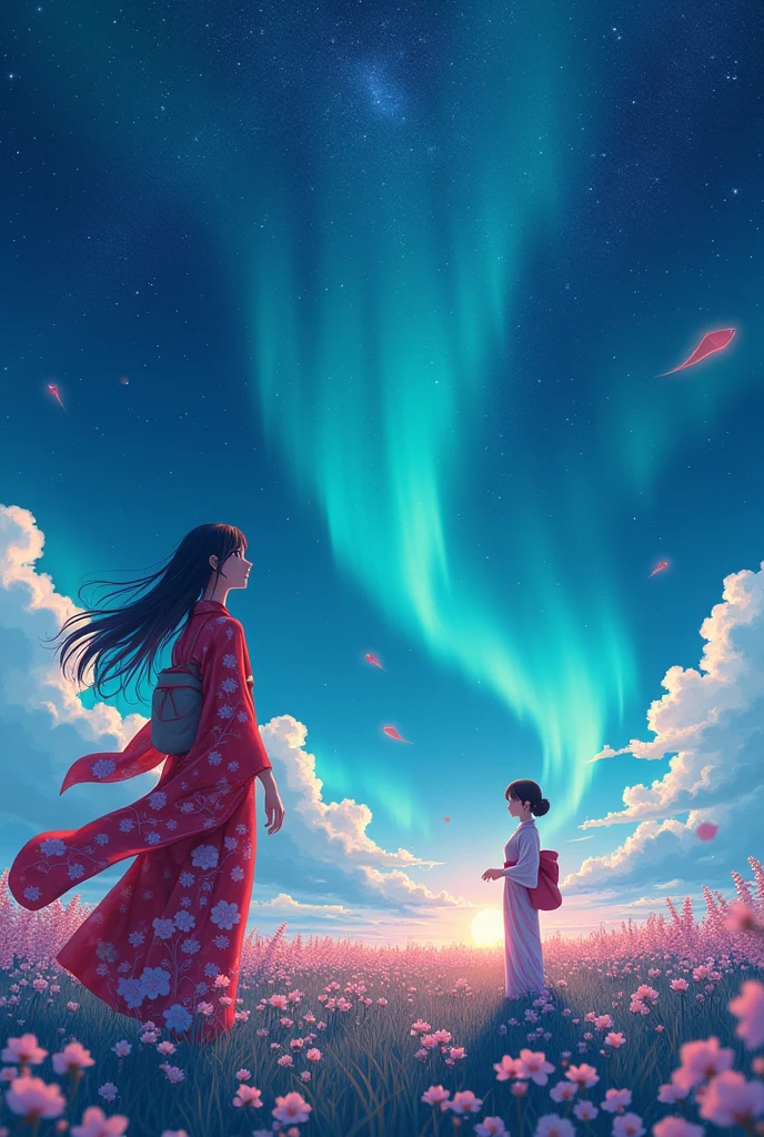 anime, 1girl, a distant girl kiss girl in a kimono gazing at the stars, (zoomed: 1.1), (meteor shower: 1.2), (comet: 1.1), your name, low angle, from behind, Northern Lights, meteors, yukata, red kimono, cherry blossoms, standing in the field, best quality, masterpiece, clouds, colorful, starry, stars,