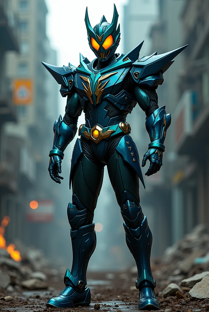 Make a kamen rider of dark blue and dark green colors with the visor and theme being an X, get inspired by those that already exist