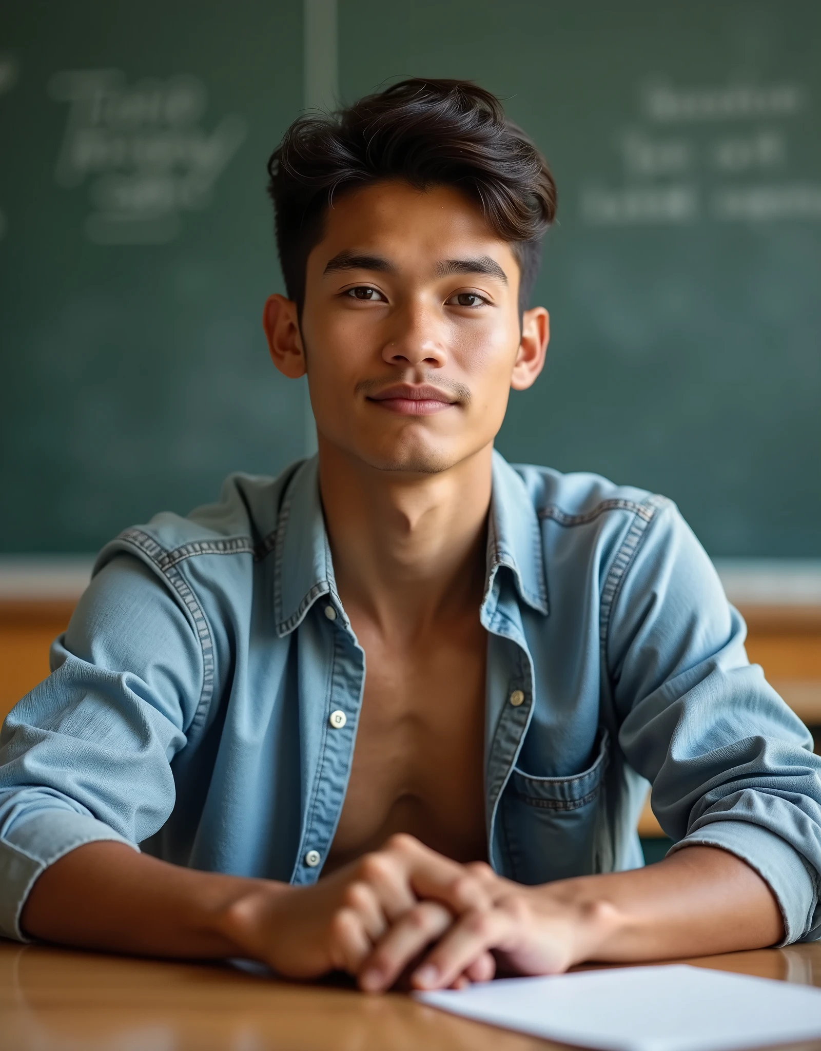 (1boy, photorealistic:1.4, masterpiece:1.2, ultra detailed, best quality, 4k), a handsome and muscular college aged boy sitting at a school desk with his shirt unbuttoned and open, male, slim athletic body build, backdrop is a classroom, full body image, with unparalleled attention to detail this photorealistic portrait combines the style of National Geographic, Capture every detail of his textured skin in 8k resolution, Leica digital SLR camera, his features are clearly visible from the deep-set eyes to the chiseled jawline, make this image a true masterpiece, Lift, (8K UHD, RAW Photograph, Photorealistic Portrait Leica Digital SLR, Lifelike images)