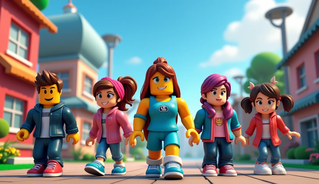 I WANT A ROBLOX GAME WALLPAPER WITH A SCENARIO SET IN THE GAME WHERE THE CHARACTERS ARE doing different activities. I need 7 characters with the characteristics of the avatars in the Roblox game, each different from the other., Girls and boys playing various games within the roblox world