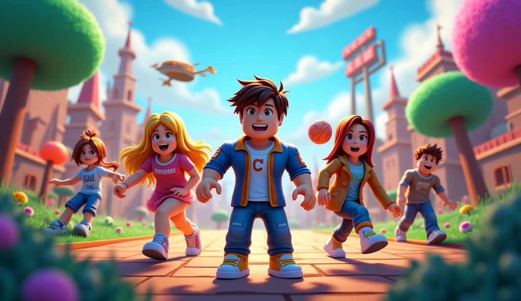 I WANT A ROBLOX GAME WALLPAPER WITH A SCENARIO SET IN THE GAME WHERE THE CHARACTERS ARE doing different activities. I need 7 characters with the characteristics of the avatars in the Roblox game, each different from the other., Girls and boys playing various games within the roblox world