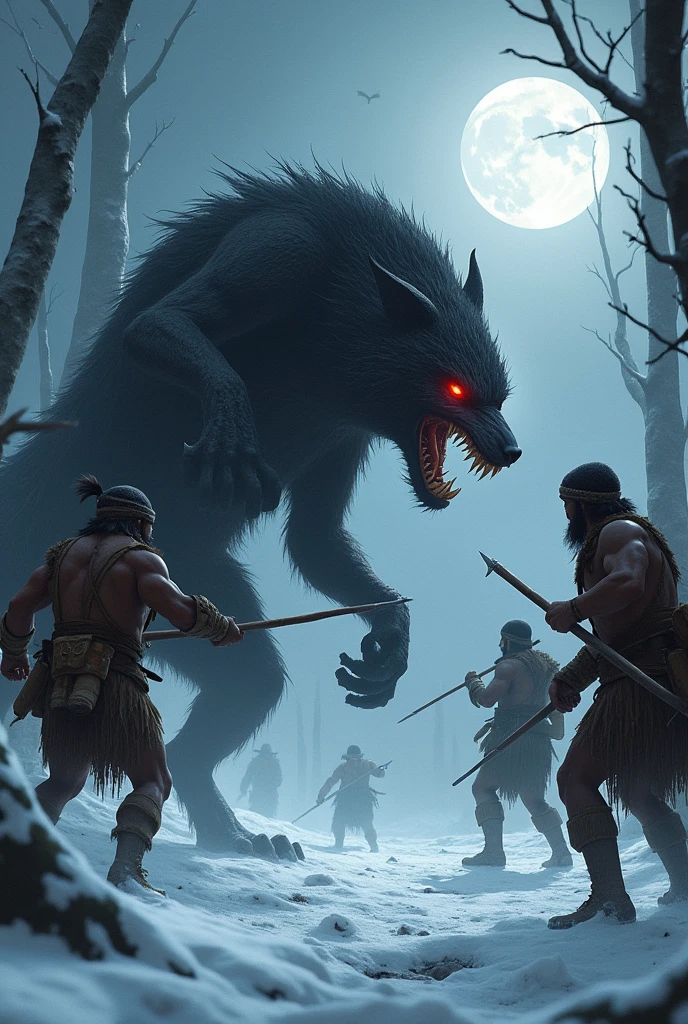 a dark creature, a mix of a wolf and a hyena, attacking a group of hunters, who used spears to defend themselves, the moon was full and reflected on the snow-covered ground