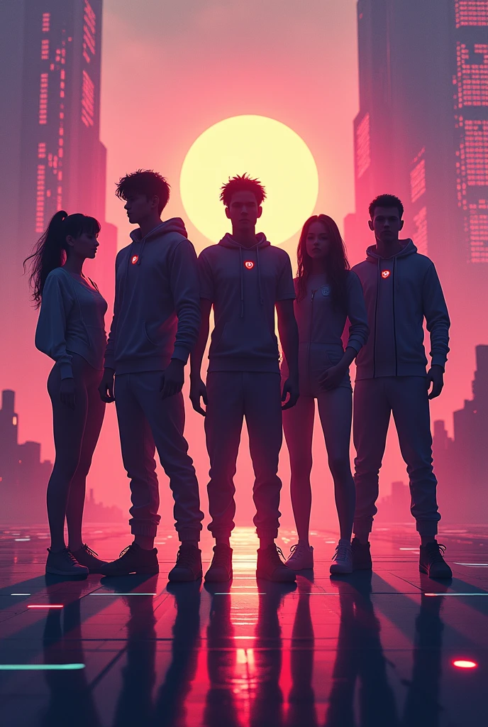 A silhouette of six young adults, three men and three women in a technological and futuristic world, with vibrant and harmonious colors. They wear casual, futuristic outfits that highlight their superhuman powers and abilities..