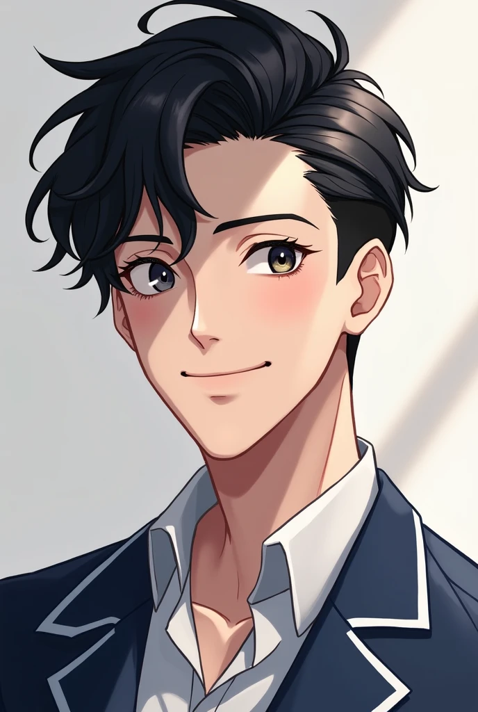 Handsome, smiling, short hair, black hair, blue striped 