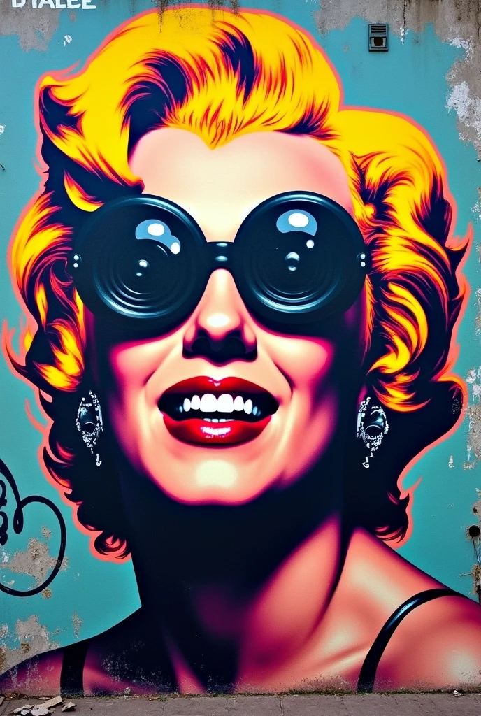 "Create a vibrant, street art-style mural featuring a stylized, colorful Marilyn Monroe with her iconic smile, but her eyes are replaced by security cameras. The background is a chaotic blend of graffiti tags, spray paint, and urban decay, contrasting sharply with the polished pop art depiction of Monroe."4k, high resolution, winner awards