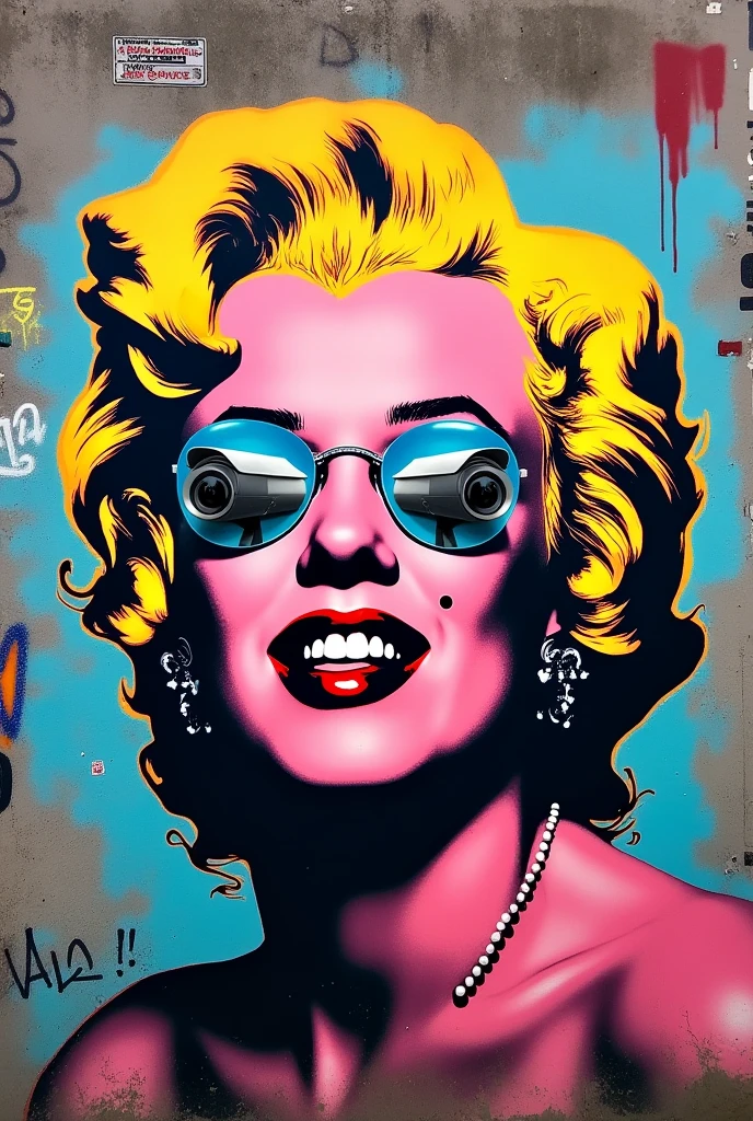 "Create a vibrant, street art-style mural featuring a stylized, colorful Marilyn Monroe with her iconic smile, but her eyes are replaced by security cameras. The background is a chaotic blend of graffiti tags, spray paint, and urban decay, contrasting sharply with the polished pop art depiction of Monroe."4k, high resolution, winner awards