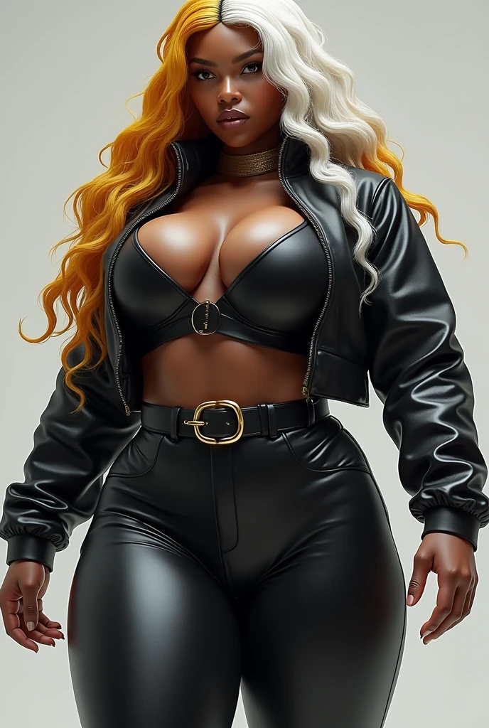 Athletic, Futanari, ebony skin, huge ass, huge boobs, white hair, golden hair, wearing a jacket and pants