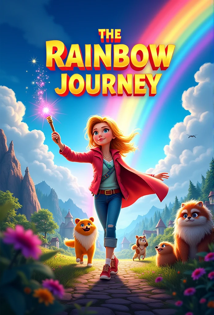 The cover of the movie Rainbow Journey must be an explosion of colors and joy, capturing the essence of adventure and magic. At the center, the main character — a young and brave heroine with bright hair and colorful clothes — is in a dynamic pose, holding a magic wand that emits a trail of multicolored lights.

Ao fundo, a fantastic world unfolds in a lush panorama. rolling mountains, shimmering forests and an enchanted city blend together in a vibrant palette of colors, including shades of electric blue, Emerald green, intense purple and shocking pink. The sky is a radiant rainbow stretching from the horizon to the top of the cape.

Em primeiro plano, friends and magical creatures from the film are by the heroine&#39;s side, each with unique and charming characteristics. The artistic style is detailed and expressive, with a creative use of shadows and lights to enhance depth and movement.

The title The Rainbow Journey is in large, stylized letters at the top of the cover., with a shiny, three-dimensional effect that stands out against the colorful background. A tagline, “Discover the magic beyond the rainbow”, is just below, in a more delicate and charming font.

Elements to Include:

Vibrant and contrasting colors Animated characters in action Fantastic world with diverse landscapes Magical light effects and glow Title and tagline highlighted and harmonious with the design