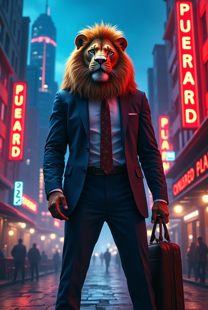 A giant lion standing opposite to pub wearing corporate costume in neon city in red and blue light