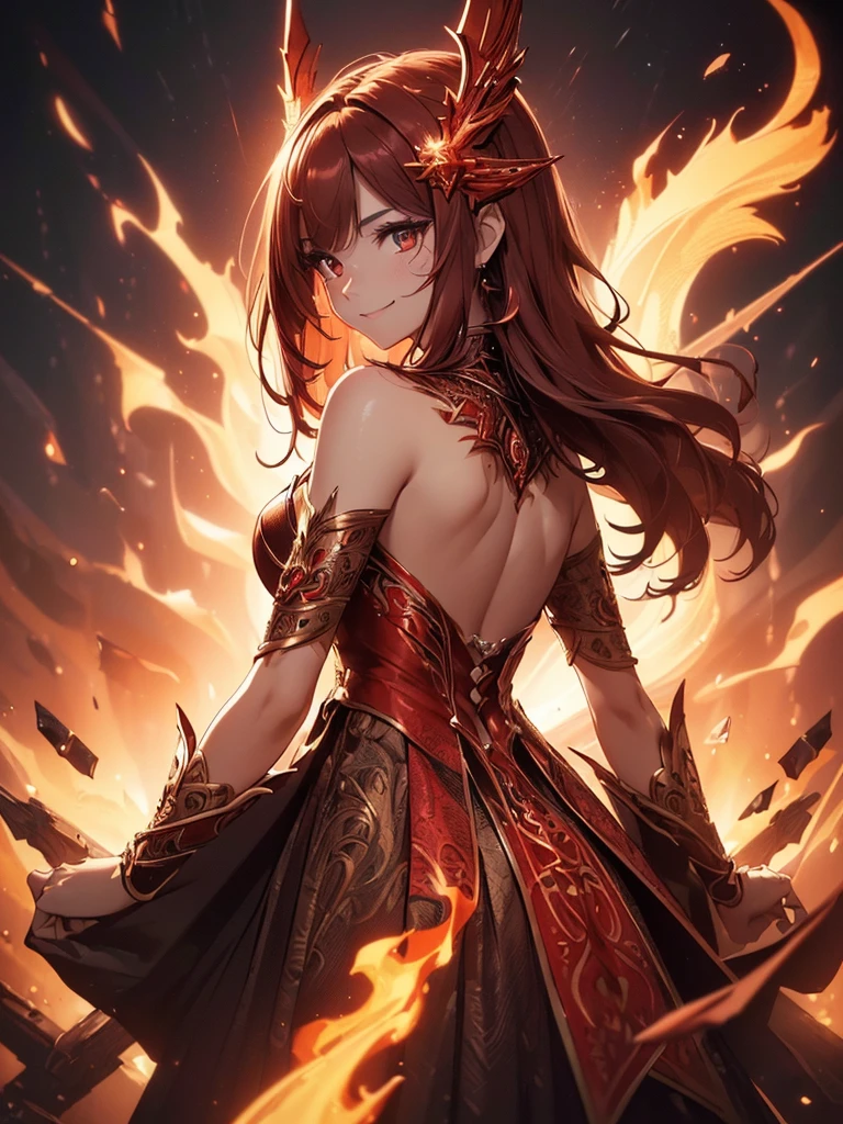 (((best quality, sharp image, clear image, cinematic lighting, 8k resolution, masterpiece, ultra detailed, intricate))) Girl, sorcerer, cute, intricate dress, smiling, fiery red, ((intricate background)), (rune frame), dimension, ((shot from behind)), fire sigils, chaotic background, ((half-body shot))
