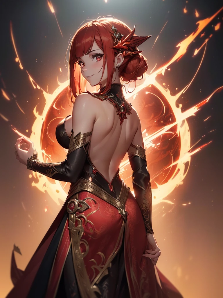 (((best quality, sharp image, clear image, cinematic lighting, 8k resolution, masterpiece, ultra detailed, intricate))) Girl, sorcerer, cute, intricate dress, smiling, fiery red, ((intricate background)), (rune frame), dimension, ((shot from behind)), fire sigils, chaotic background, ((half-body shot))