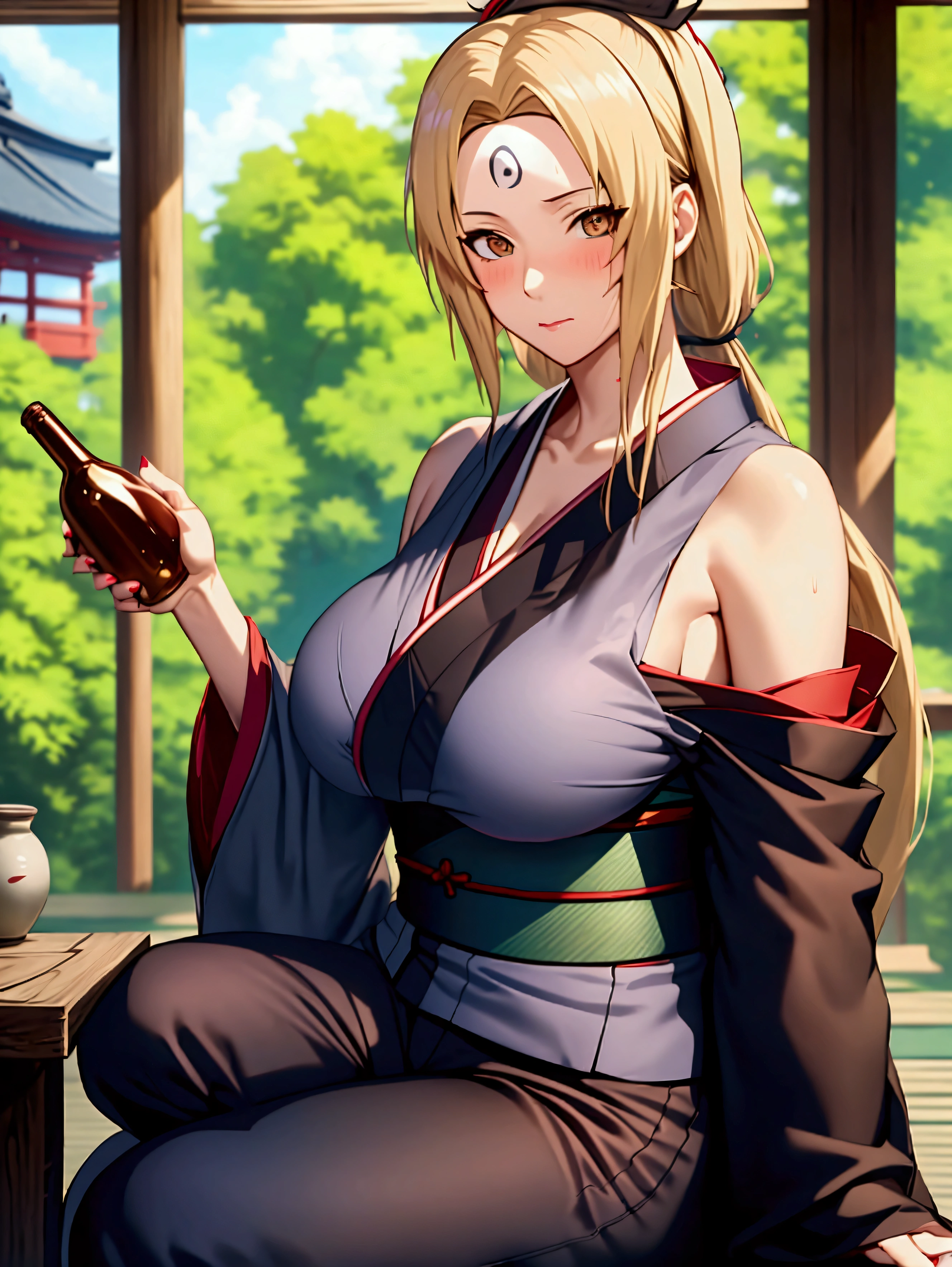 masterpiece, best quality, vibrant colours, highres, absurdres, score_9, score_8_up, score_7_up, score_9, source_anime, 1girl, solo, long hair, breasts, looking at viewer, blush, blonde hair, holding, cleavage, bare shoulders, brown eyes, sitting, closed mouth, collarbone, thighs, outdoors, japanese clothes, sleeveless, pants, kimono, nail polish, blurry, huge breasts, cup, sash, blurry background, arm support, black pants, crossed legs, bottle, red nails, alcohol, mature female, forehead mark diamond, drunk, short kimono, sake, sake bottle, tokkuri, grey kimono, green robe, tsunade (naruto)