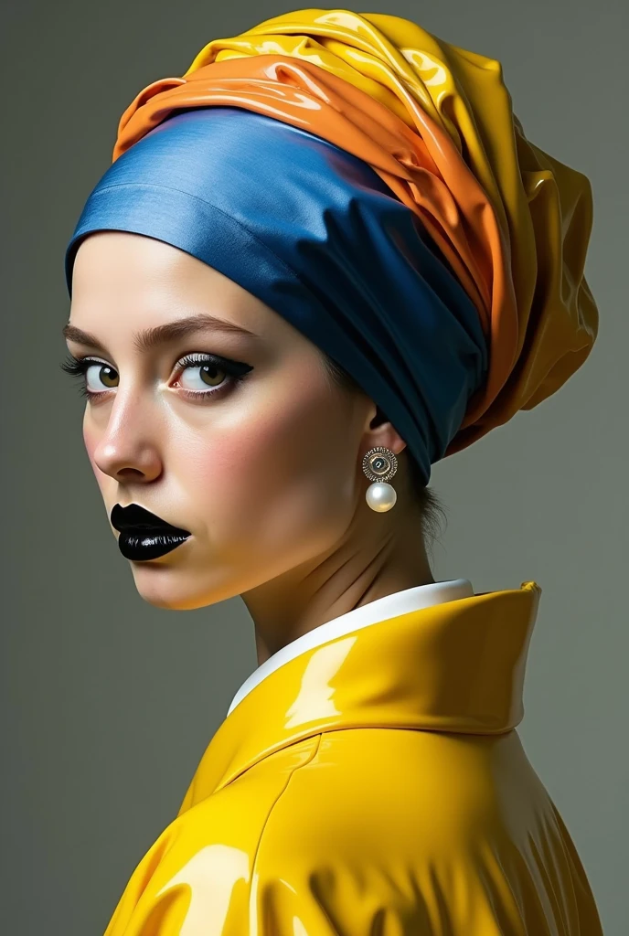 Créais une image comme le tableau de Johannes Vermeer, la jeune fille à la perle. Elle a un habit en matiere latex brillant jaune, le turban sur la tete est en latex brillant bleu, jaune et blanc comme sur le tableau original. Les levres de la jeune fille sont noires brillantes et ses yeux sont maquillés noir brillant