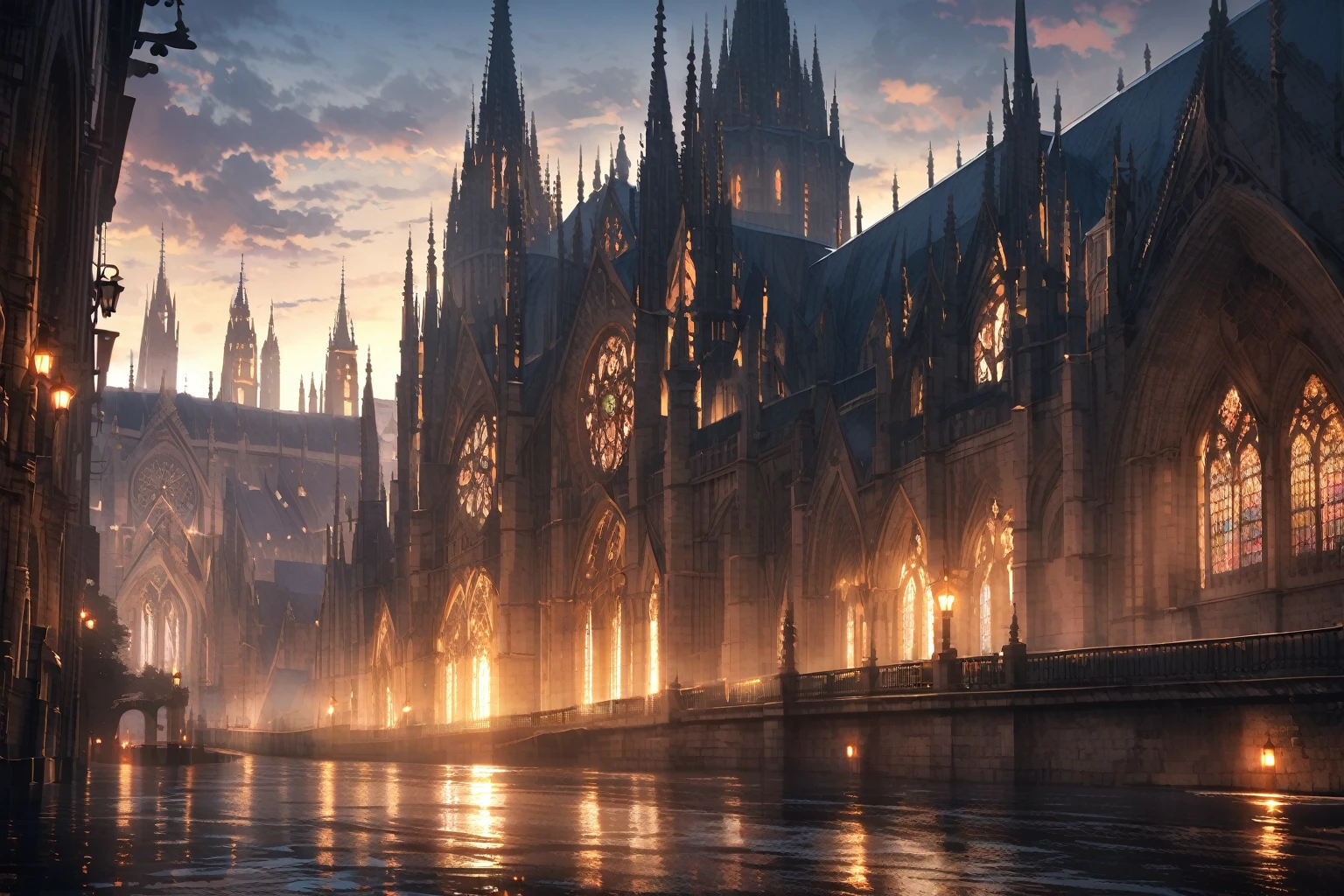 Peaceful city, waterway, cathedral, dramatic lighting