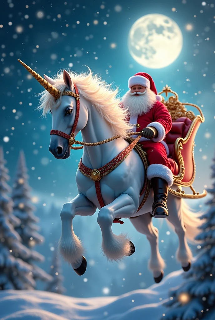 Christmas unicorn flying next to Santa Claus 