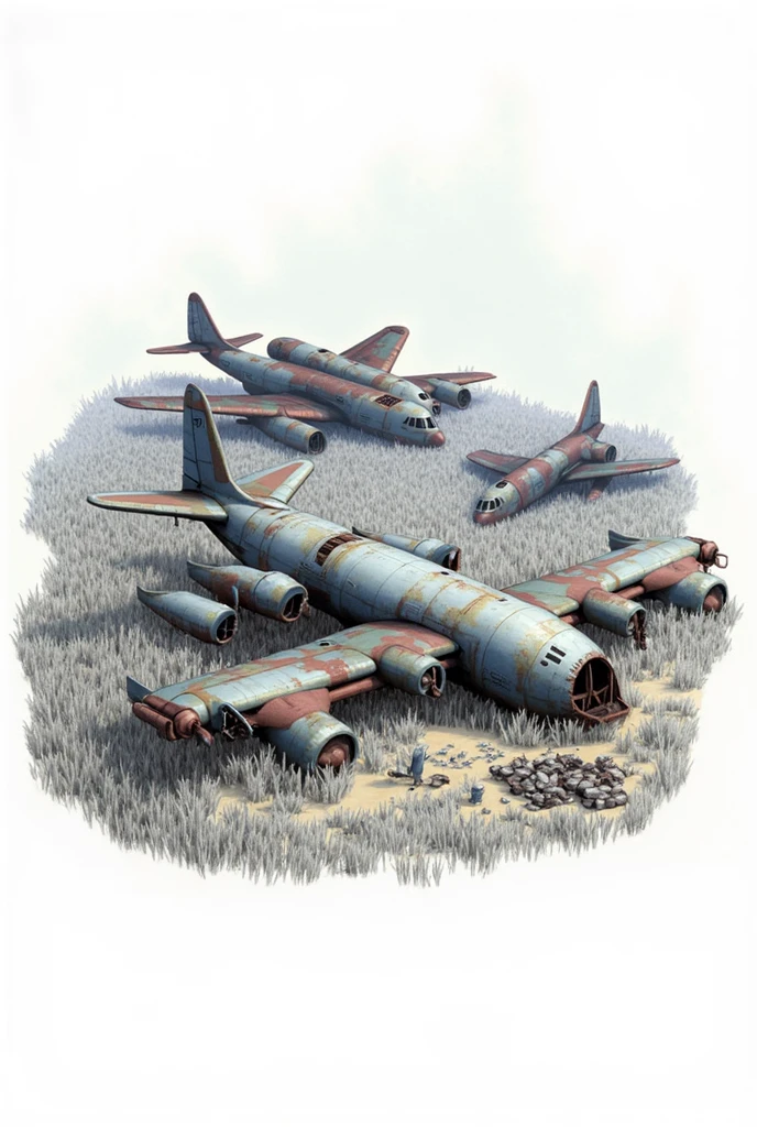 airplane graveyard, rusty, rubbish, tall grass