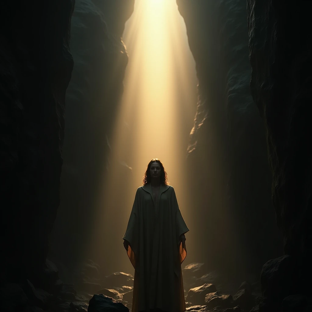 A person standing in a dark, cavernous room. The person is surrounded by shadows and doubt. Then, a bright light shines down from above, illuminating the person's face. The person's eyes fill with hope and joy as they realize the power of their faith