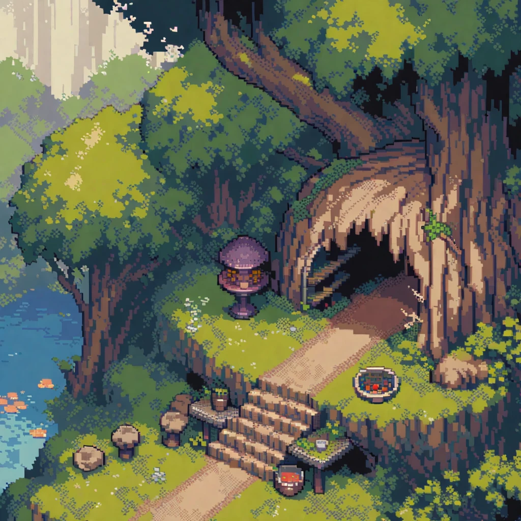 (masterpiece, Highest quality:1.2), Pixel art,land,,There is a mysterious cave in the forest