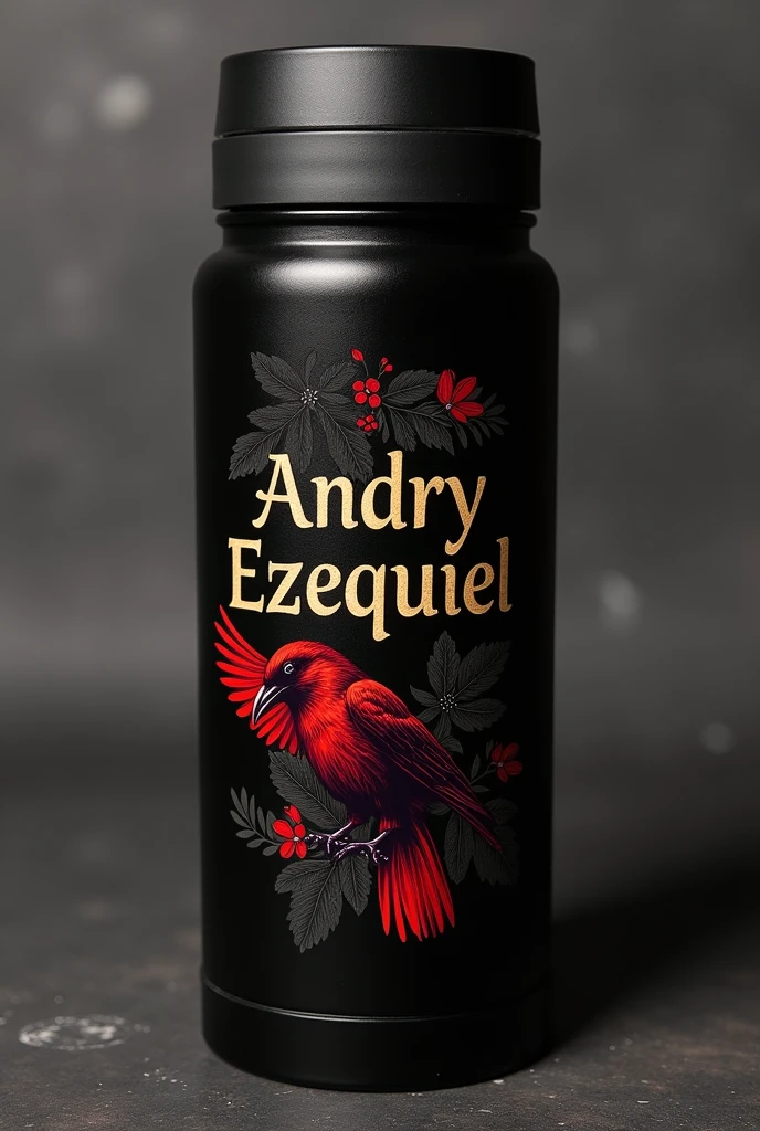 Create a personalized thermos with a black design and that has the name Andryezequiel and drawings of red and black crows. And the name that looks classic, that shows the name Andry among the crows, that the letters of the name Andryezequiel are gold.