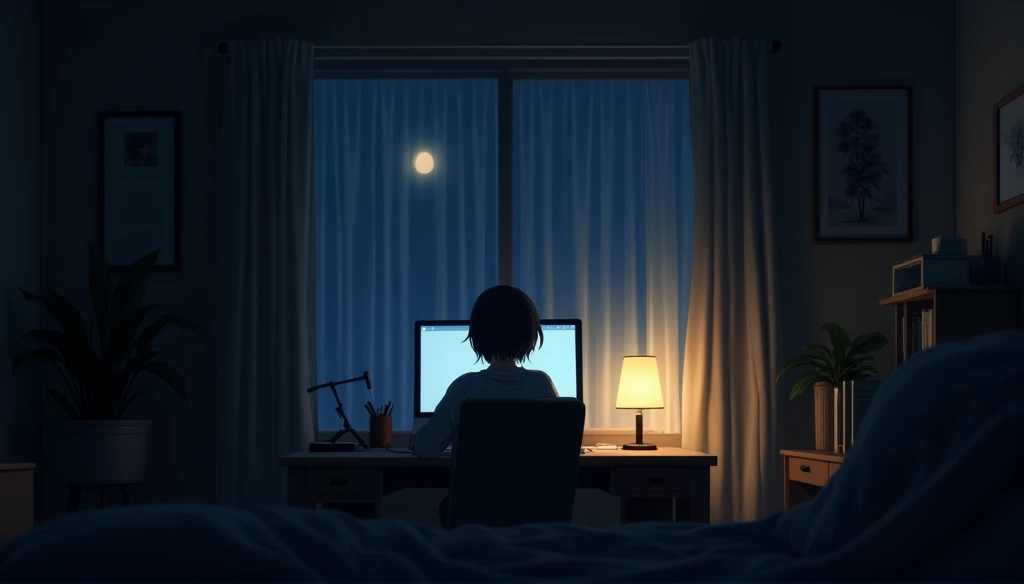 アニメ, quarto アニメ, cozy room, Curtains covering the windows so that light doesn't get in, It's night outside, The small light in the room is the one coming from the computer