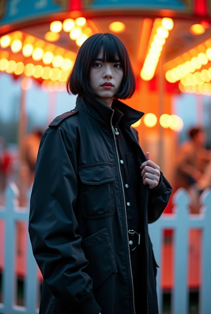Action photography of a young man as a ((Gothic)) with ((taglio di capelli long bob)) that he wears (abiti art deco), vestito with uniforme tattica nera della polizia, carousel, bright colors, Blurred motion, recinzione bianca, head tilted, hand lifting jacket, direct gaze