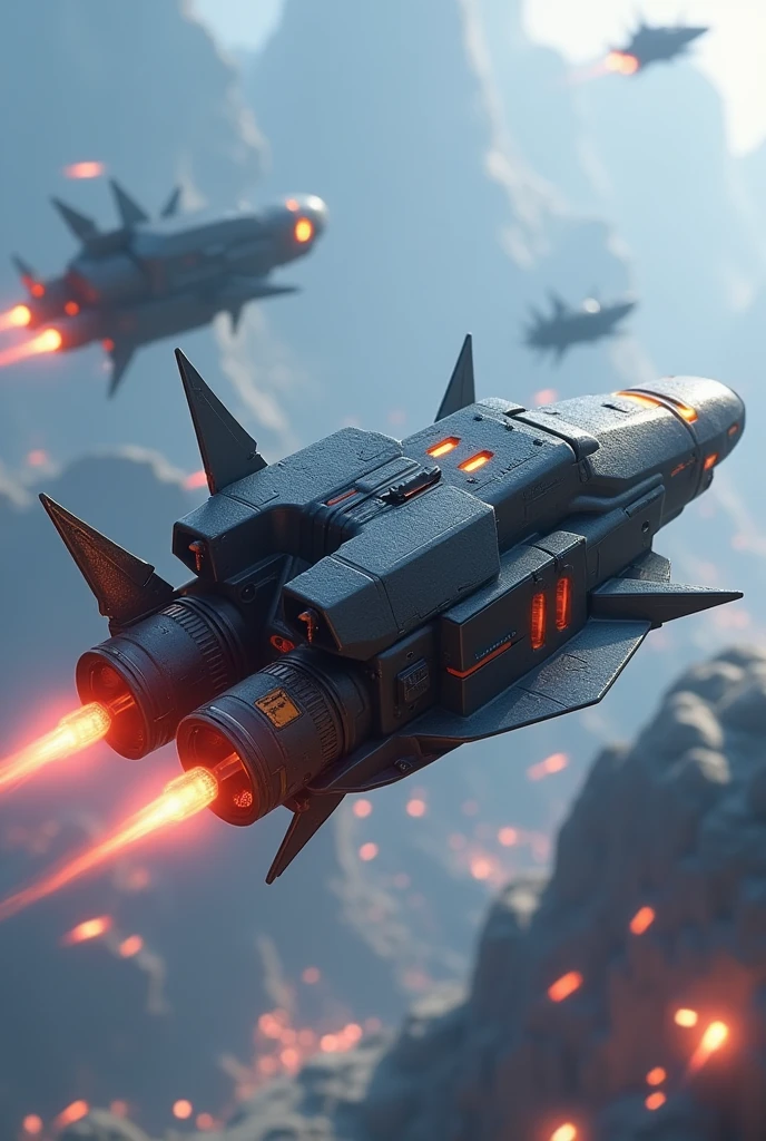 Small/aerial machine/four mini rocket boosters/some spikes around its structure/3D game