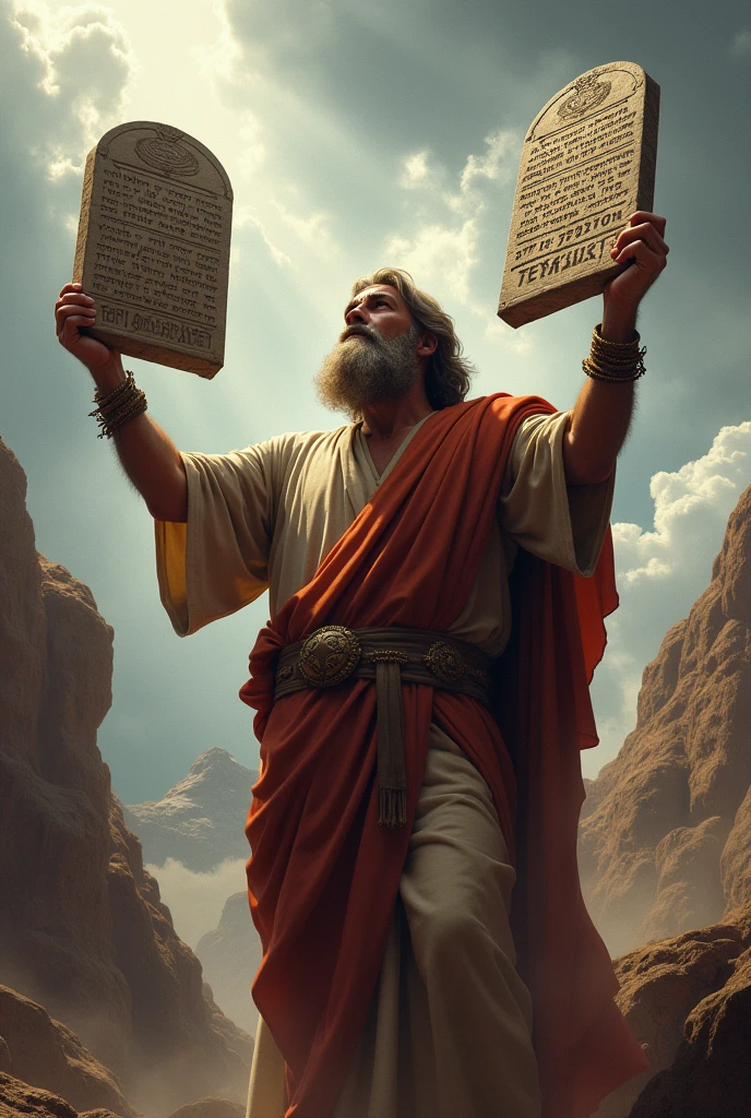 Moses with the ten commandments written in stone.