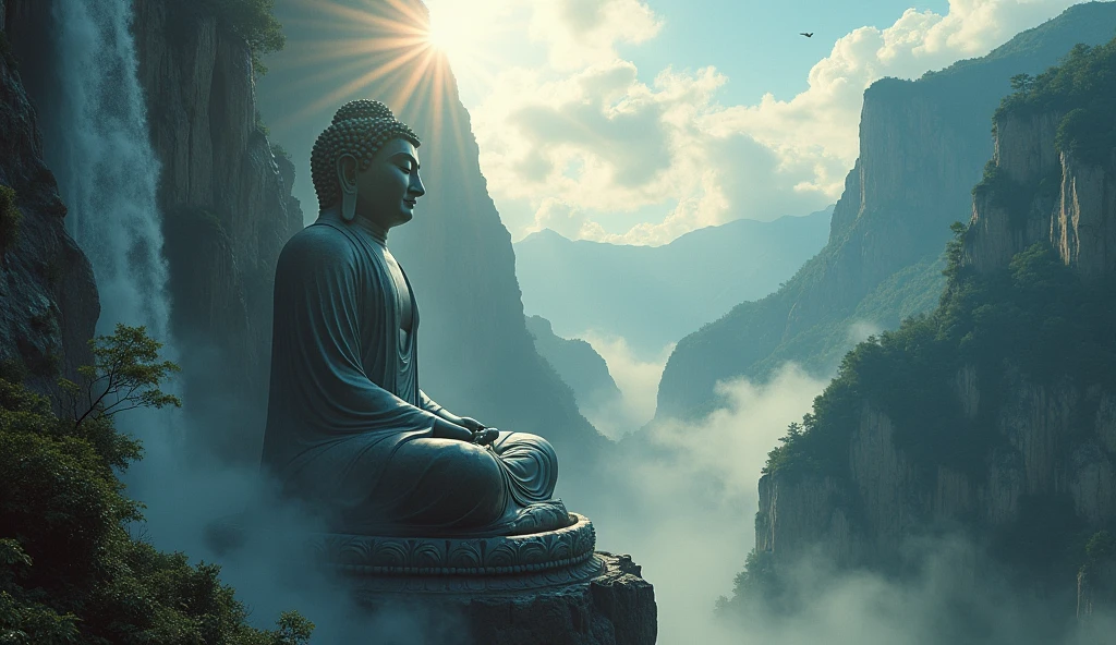 A zoom out shoot of gigantic old Budda statue in mountain wall, between waterfall, surrounded by cloud, scenery landscape, light flare from the sun, crane flying, cinematic lighting