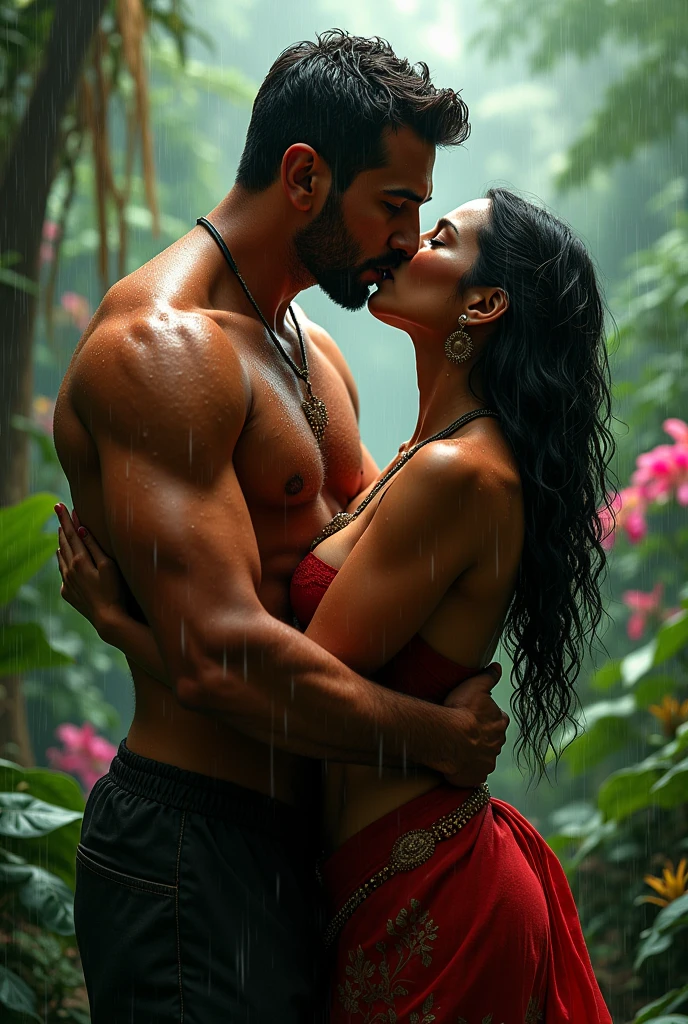 A man sucking  big boobs of indian girl in rain forest