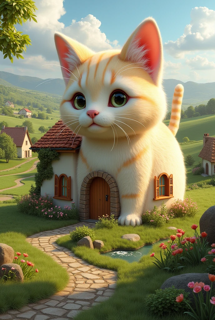 Create a cat-shaped house in the realistic countryside 
