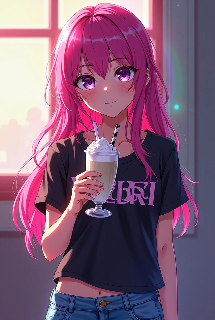 anipoma1,(masterpiece, best illustration, best manga), solo, 1girl, violet eyes, (shiny skin, soft hair), (holding a milkshake), freckles, (bright pink two tone hair:1.3), (wearing a led zepplin tshirt, denim jeans), (extreme light and shadow, volumetric lighting, rim lighting), (daylight:.5), (rainbow lights, light leak), (seductive, smirk), (solo), mangadusk1, manwha1