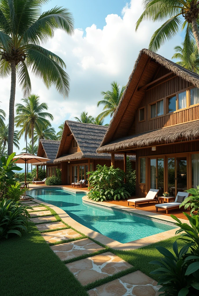 make an 2-building hotel, environment-friendly with a philippine-native vibe. one is for standard and have 6 rooms. and the other is for deluxe and have 4 rooms. each rooms in the building consists own separated balcony with a table each intended for in-room dining experience to appreciate the nature around. make it typhoon-proof, the roof is like hut but have a modern aesthetic design. also make a function-hall in the side of the two building, with a small kiosk for a mini bar and handcrafted souvenir. it should be sorrounded by yard and plants, make a pool. it should give justice to our concept semi-eco-friendly hotel. siargao vibe.
take note: 2 buildings only.
make the photo landscape. if you know Biri, Northern Samar ot should be located in it. so the buildings should face the beach.