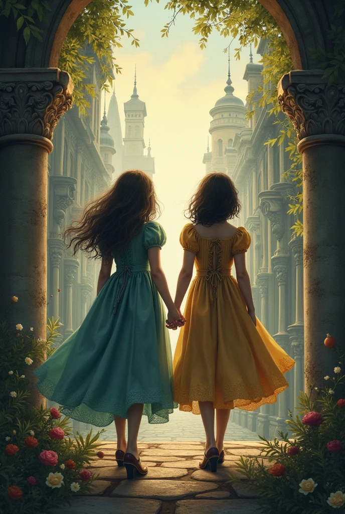 book cover about two bestfriond whom is transfered suddenly into a whole historical world with her bestie make it no face but with historical dress