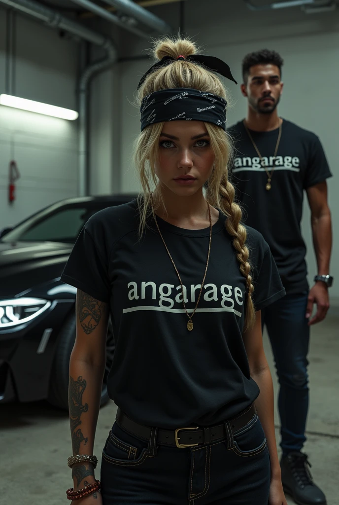 Gangsta girl with black bandana,angarage text on shirt,angarage text on shirt,gangster boy in background with black bmw