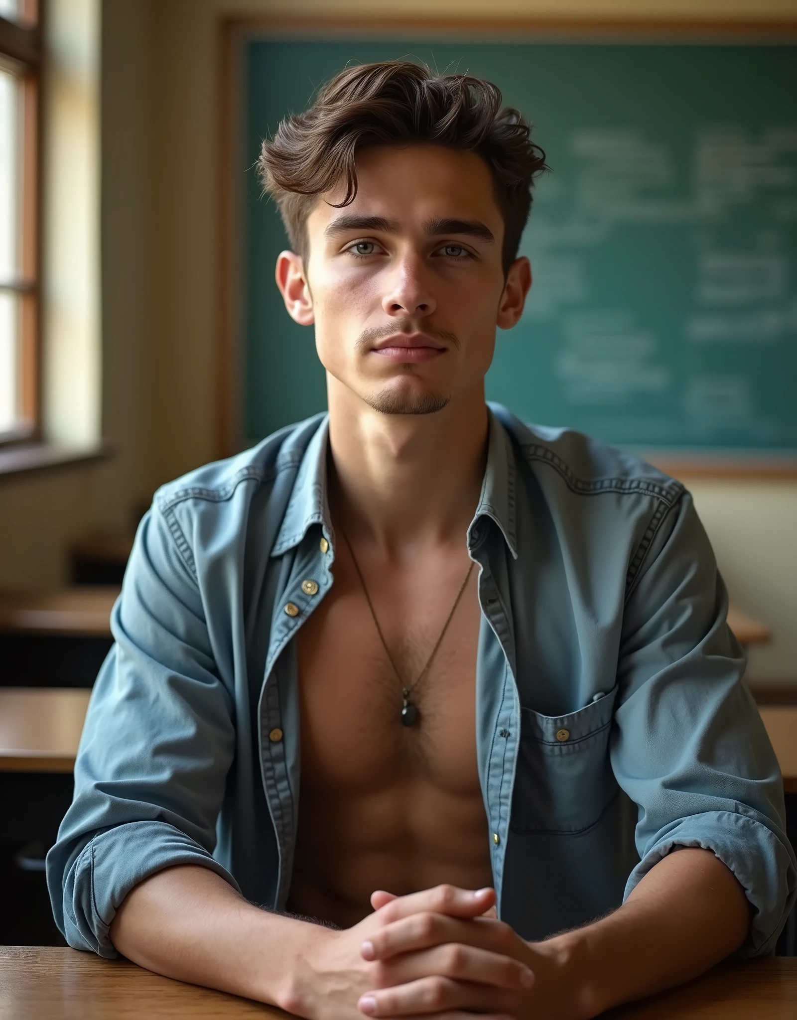 (1boy, photorealistic:1.4, masterpiece:1.2, ultra detailed, best quality, 4k), a handsome and muscular college aged boy sitting at a school desk with his shirt unbuttoned and open, male, slim athletic body build, backdrop is a classroom, full body image, with unparalleled attention to detail this photorealistic portrait combines the style of National Geographic, Capture every detail of his textured skin in 8k resolution, Leica digital SLR camera, his features are clearly visible from the deep-set eyes to the chiseled jawline, make this image a true masterpiece, Lift, (8K UHD, RAW Photograph, Photorealistic Portrait Leica Digital SLR, Lifelike images)