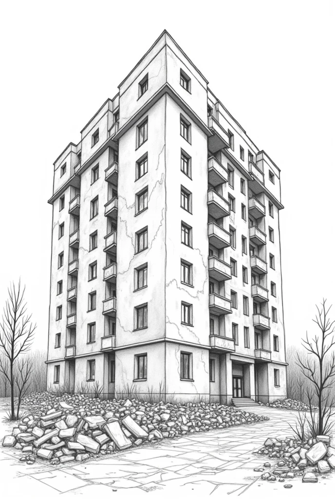 A line art drawing of Pavlov's house in Stalingrad after WWII.