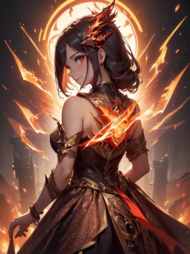 (((best quality, sharp image, clear image, cinematic lighting, 8k resolution, masterpiece, ultra detailed, intricate))) Girl, sorcerer, cute, intricate dress, smiling, fiery red, ((intricate background)), (rune frame), dimension, ((shot from behind)), fire sigils, chaotic background, ((half-body shot))