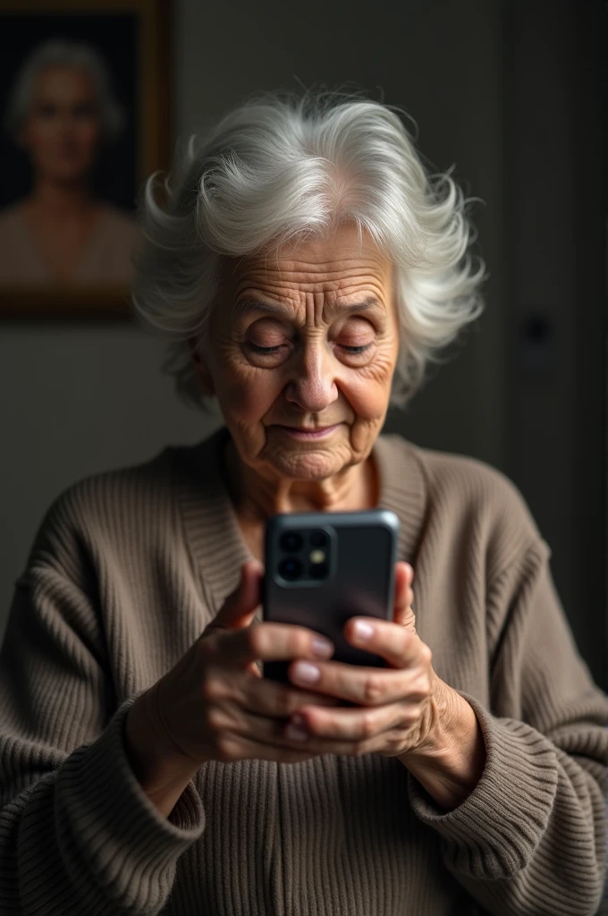Older woman holds cell phone to chest