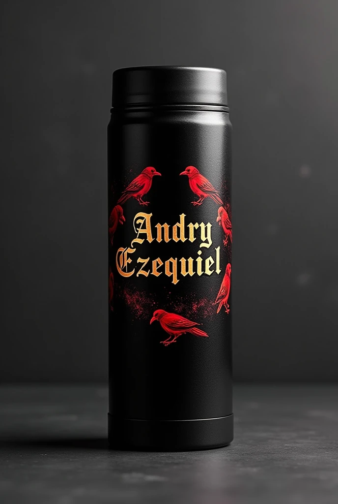 Create a personalized thermos with a black design and that has the name Andryezequiel and drawings of red and black crows. And the name that looks classic, that shows the name Andry among the crows, that the letters of the name Andryezequiel are gold.