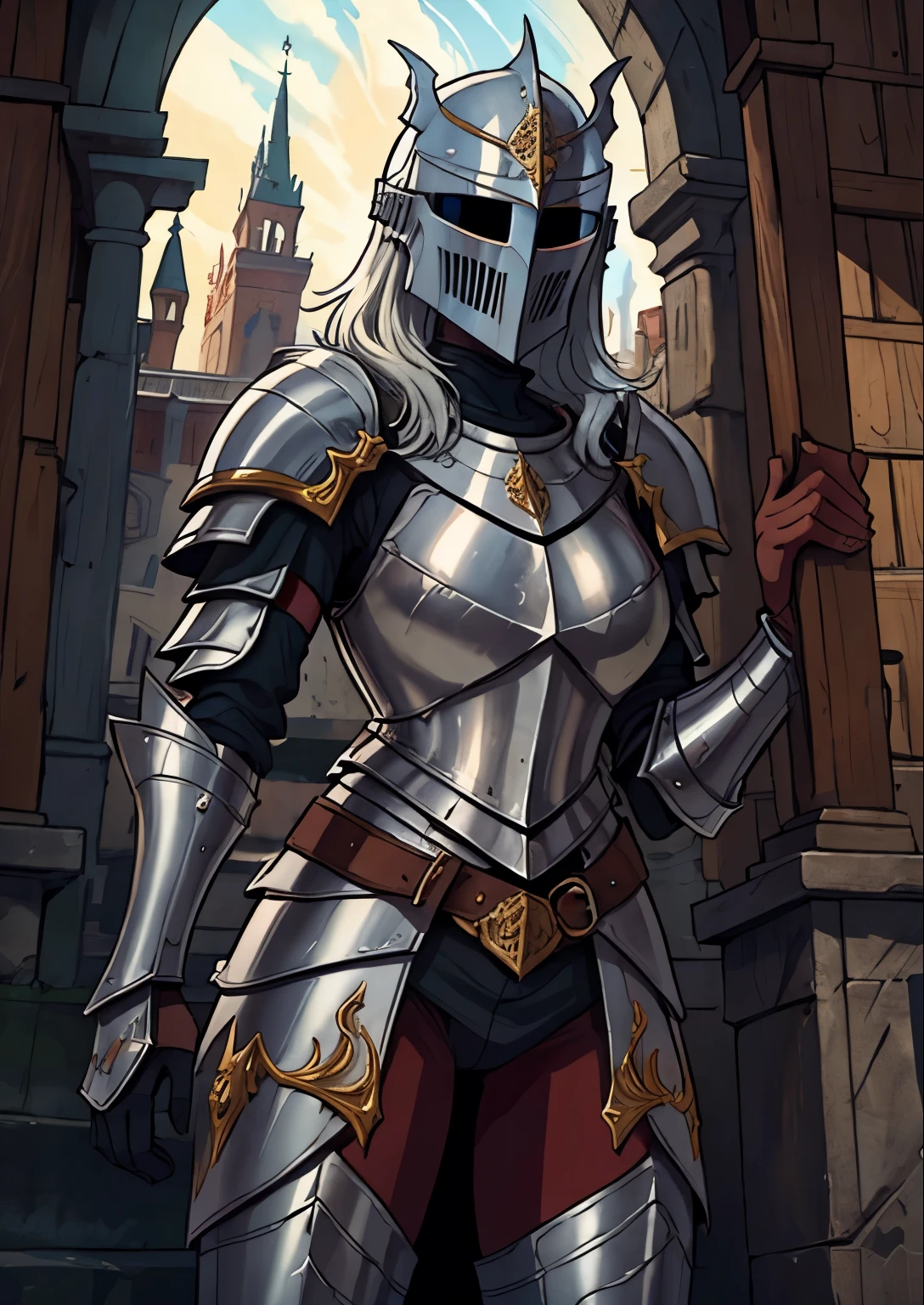 masterpiece, best quality, 1female, solo, medieval knight, helmet, face not visible, medieval armor, face covered