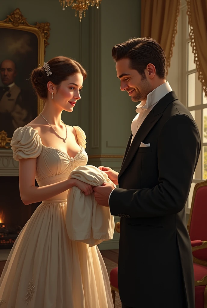 A LADY GIVING A SHIRT TO A GENTLEMAN