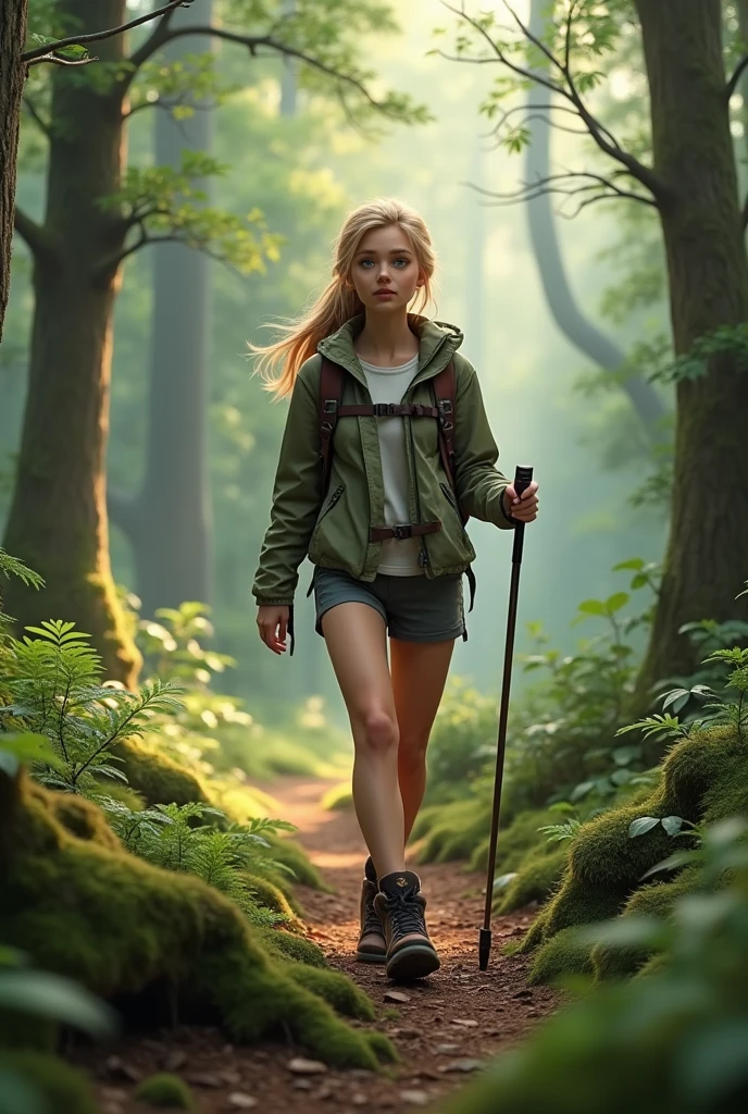 Realistic young white blonde woman, 24yo, while hiking in the forest with a backpack