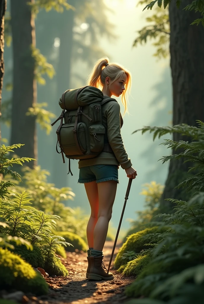 Realistic young white blonde woman, 24yo, while hiking in the forest with a backpack