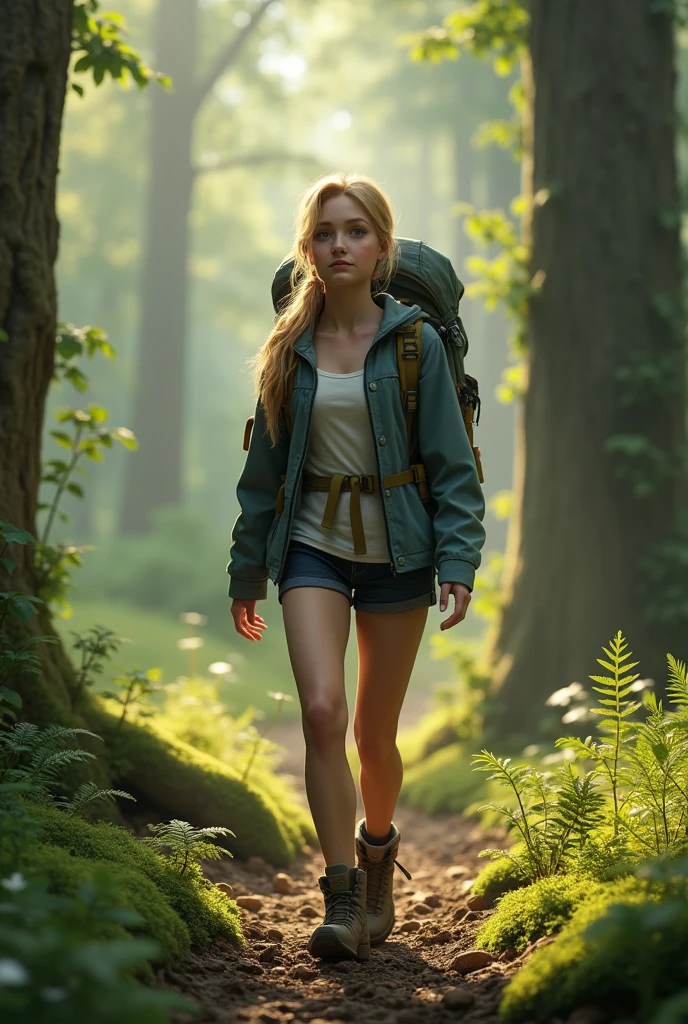 Realistic young white blonde woman, 24yo, while hiking in the forest with a backpack