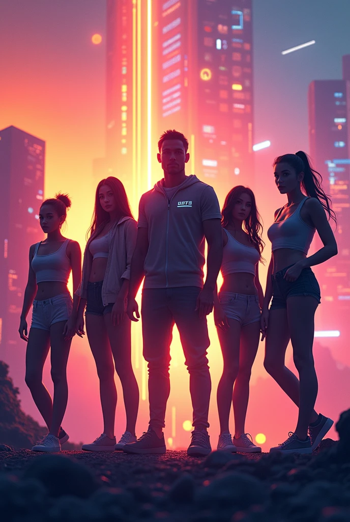 A silhouette of six young adults, three men and three women in a technological and futuristic world, with vibrant and harmonious colors. They wear casual, futuristic outfits that highlight their superhuman powers and abilities..