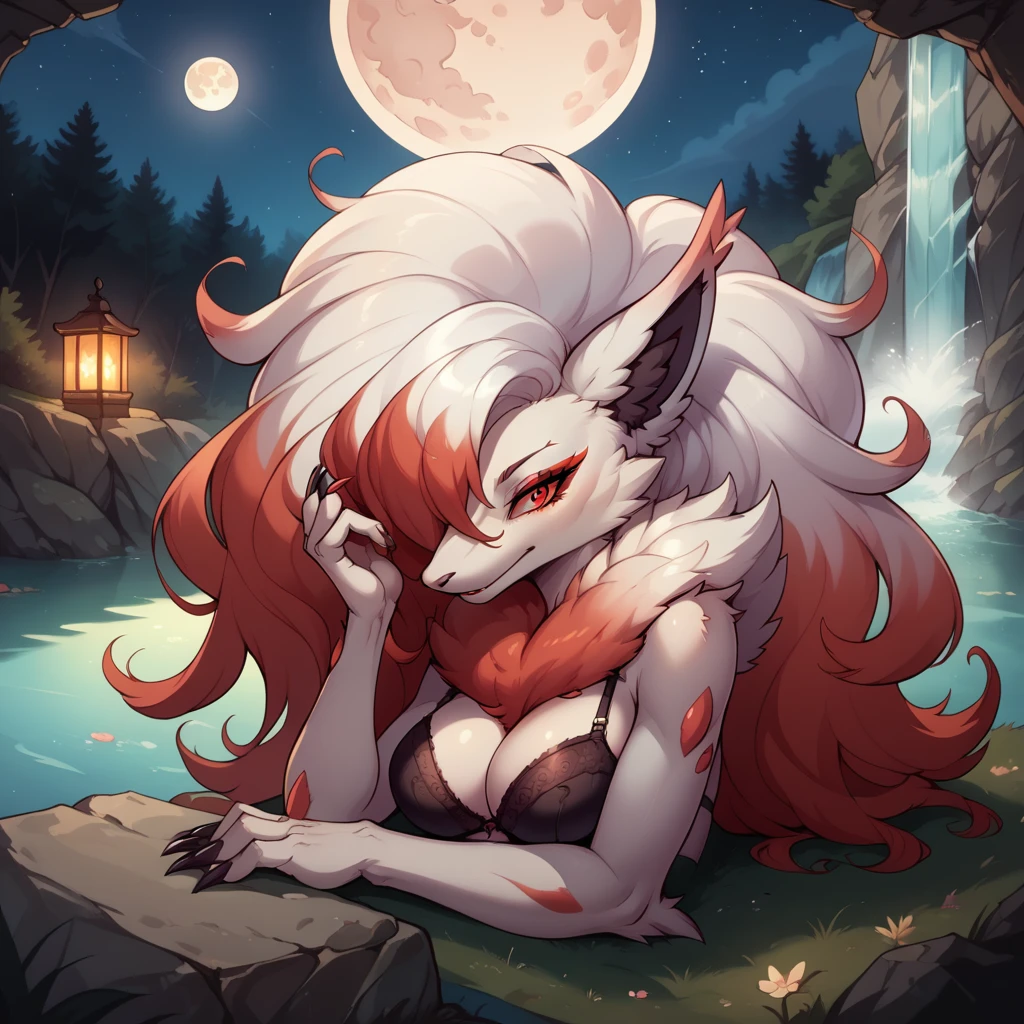 ultra-detailed, masterpiece, masterwork, high quality, best quality, hdr, (nature, night), posted on e621, (by hioshiru), nsfw, female, solo, (white little body minotaur), dragon, (long  silver hair, yellow eyes, white chubby body), stylish pose, front view, dynamic angle, (nude)